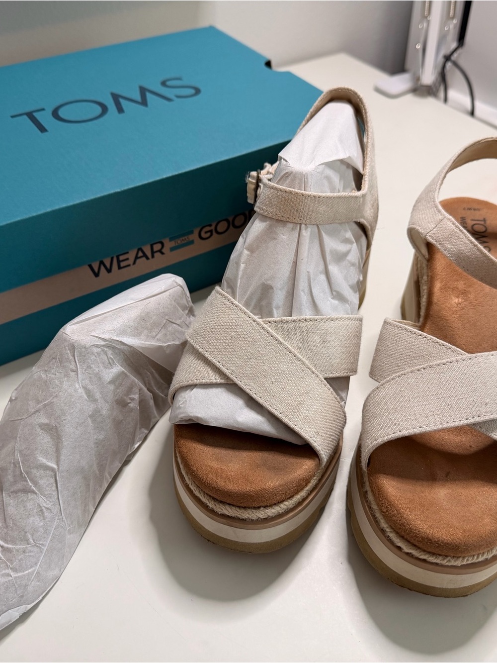 Gia Cream Chambray Tom’s Wedge Platform Sandal with Ankle Strap - Picture 7 of 9